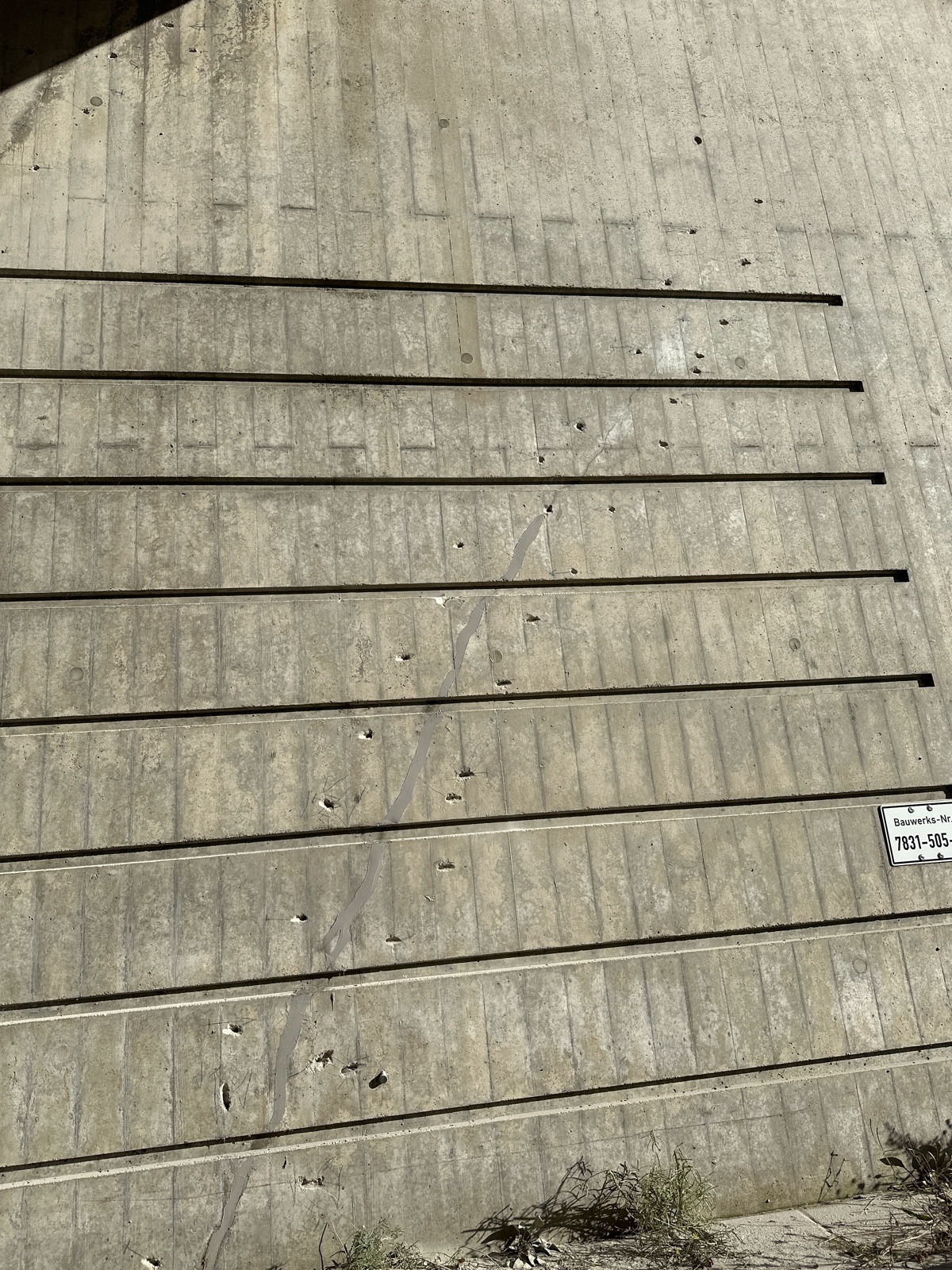 Senkrecht stehende Betonwand eines Brückenbauwerks mit Brettschalungsstruktur; mehrere parallel verlaufende schwarze Injektionsschläuche markieren den Rissbereich, dazwischen zahlreiche kleine Bohrlöcher für die Rissverpressung.