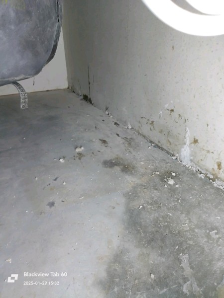 Innenraumecke mit grauem Betonboden; entlang der Boden-Wand-Fuge dunkle Feuchtigkeitsflecken und abgeplatzter Putz, auf dem Boden verstreute Brösel, links oben ragt ein Teil eines Geräts ins Bild.